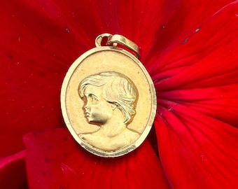 18K Gold Angel Pendant, Vintage French Charm, Baby Shower Newborn Baptism Gift Necklace