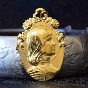 18k Gold Plated Saint Joan of Arc Pendant, Vintage Patron of Women Medal, Art Nouveau Jewelry, Gift for Her