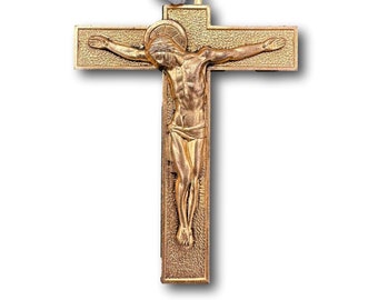 Art Deco Gold Bronze Pectoral Cross Crucifix Necklace by Hartmann For Men
