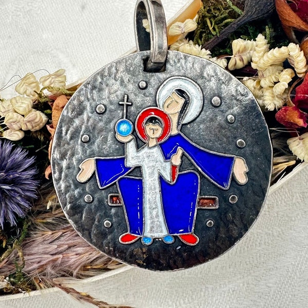 Virgin Mary and Jesus Medal, Silver and Cloisonne Enamel Pendant by Elie Pellegrin