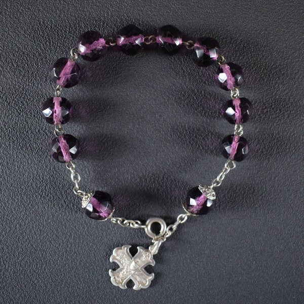 Purple Beaded Bracelet Silver Charm Chalice, 1900s Jewelry, Gift for Her, Communion Present, 12 Beads Rosary Bracelet