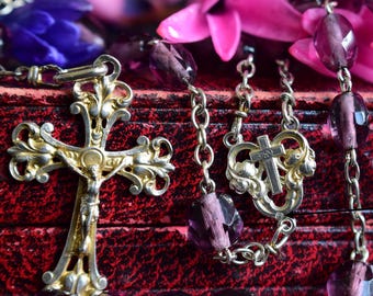 Art Nouveau Sterling Silver Rosary, Purple Glass Beads, Catholic Gift