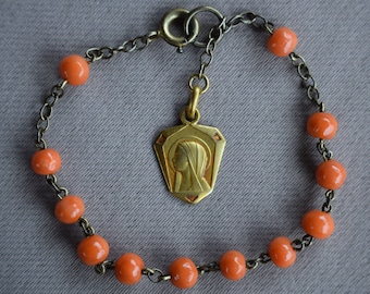 Genuine Coral Beaded Bracelet, Art Deco Jewelry, Gold Mary Pendant Charm, Gift for Girls, Communion Gift