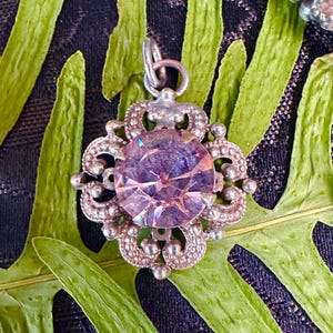 Purple Pendant Glass, Antique French Silver Jewelry, Gift for Her