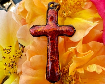 French Vintage Enameled Red Orange Cross Pendant, Catholic Gift for Her or Him
