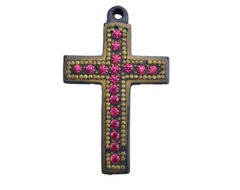 Victorian  Gutta Percha Cross Pendant with Pink Rhinestone