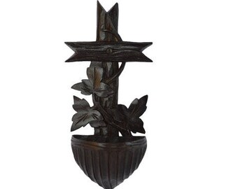 French Black Forest Victorian Religious Holy Water Font - French Hand Carved Wood Benitier - Jesus Christ Wall Crucifix - French Country