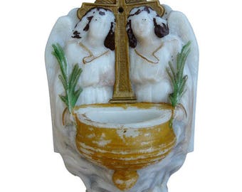 Victorian French Religious Opaline Holy Water Font - Two Angels Cross Benitier - Christmas Religious Communion Gift - French Country Cottage