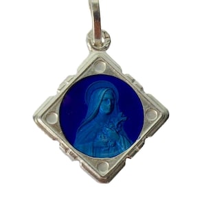 Saint Teresa Pendant Vintage Blue Enamel & Silver Medal Catholic Gift