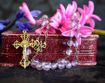 Gold Plated Silver Purple Rosary, Faceted Glass Beads, French Antique Catholic Jewelry
