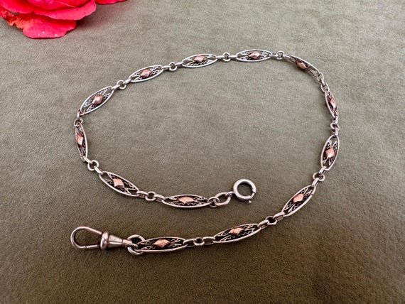 Silber und Roségold Taschenuhr Kette, Antike französische 1900er
