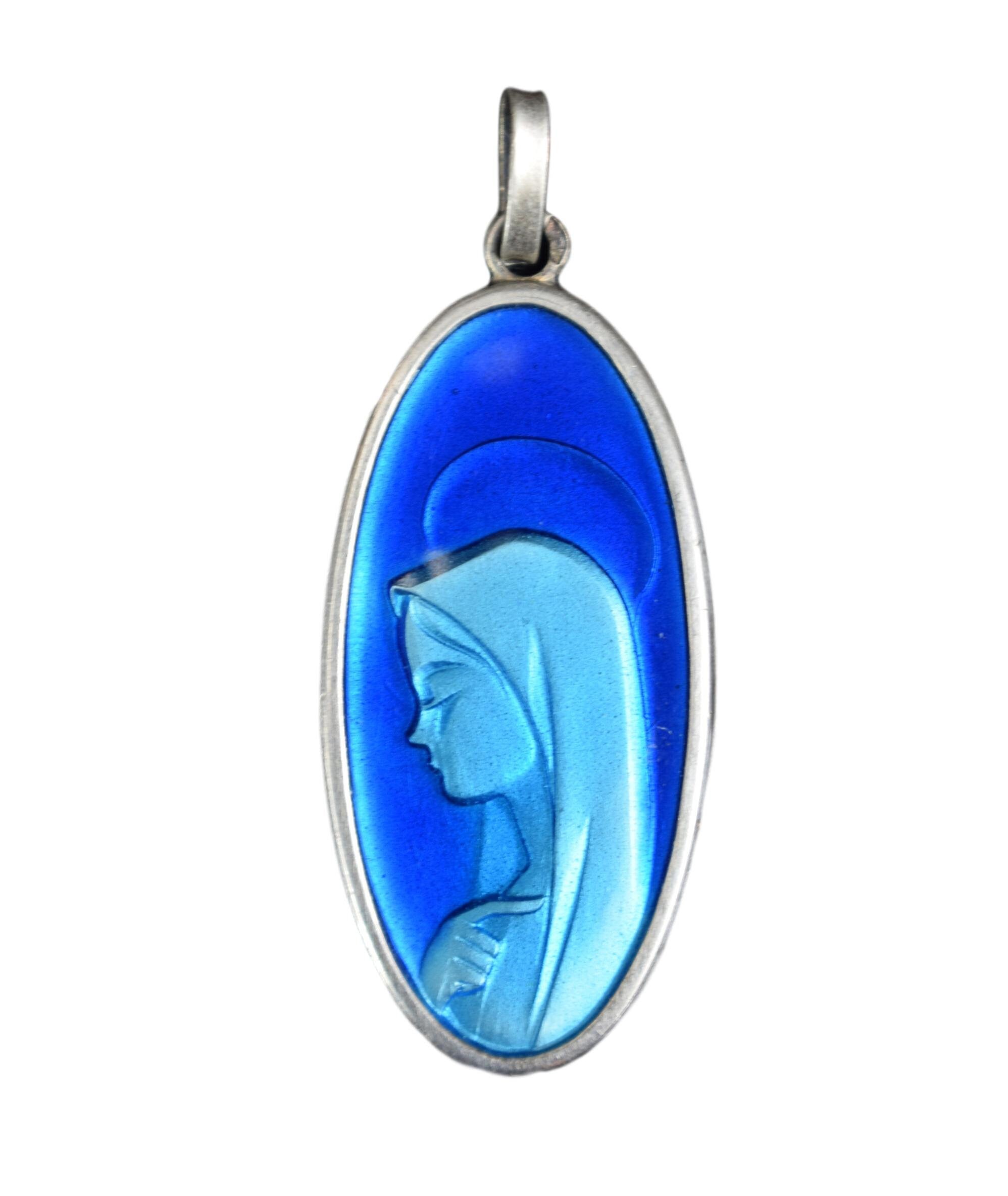 Français Vintage Sterling Silver & Blue Enamel Medal Charm, Our Lady Mary Pendant, Communion Gift