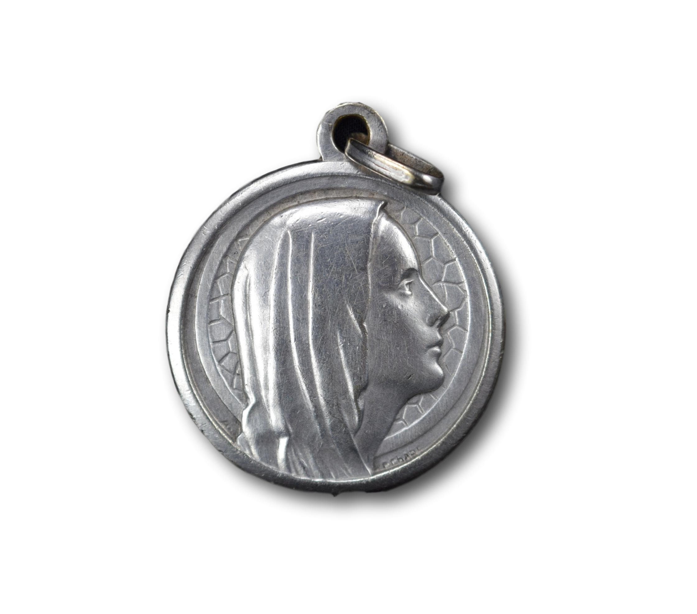 Français Antique Large Medal de C Charl, Virgin Mary Portrait Silver Pendant, Madonna Charm, Religio