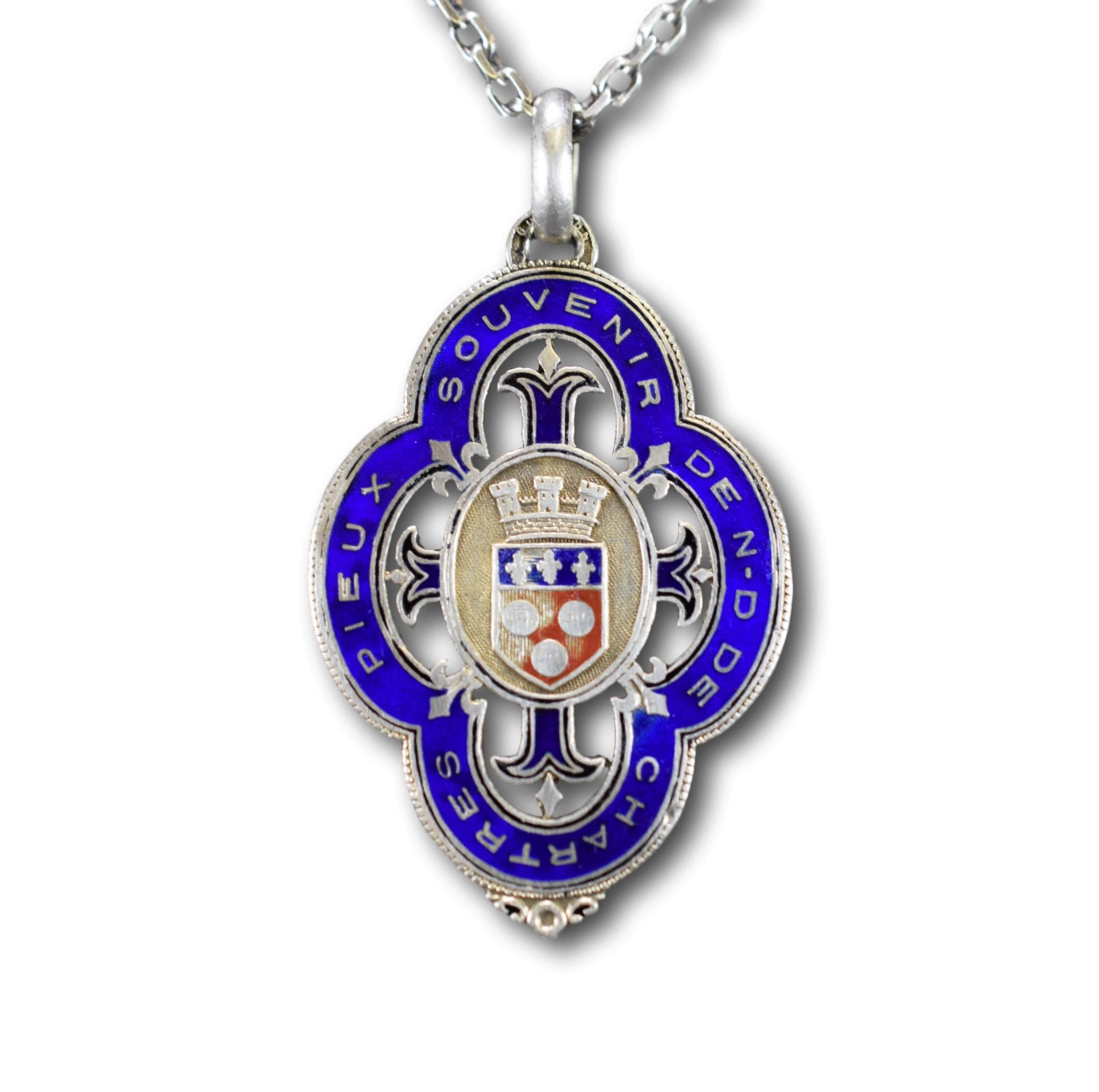 Français Antique Émail Sterling Argent Robe Sainte de Vierge Marie Médaille Pendentif Notre Dame de