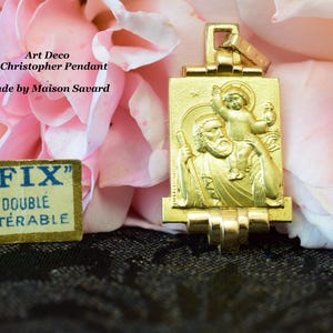 Beautiful French Antique c1940s St Christopher 18K Gold Plated Pendant, Religious Medal by Maison Savard, Gift for Him or Her