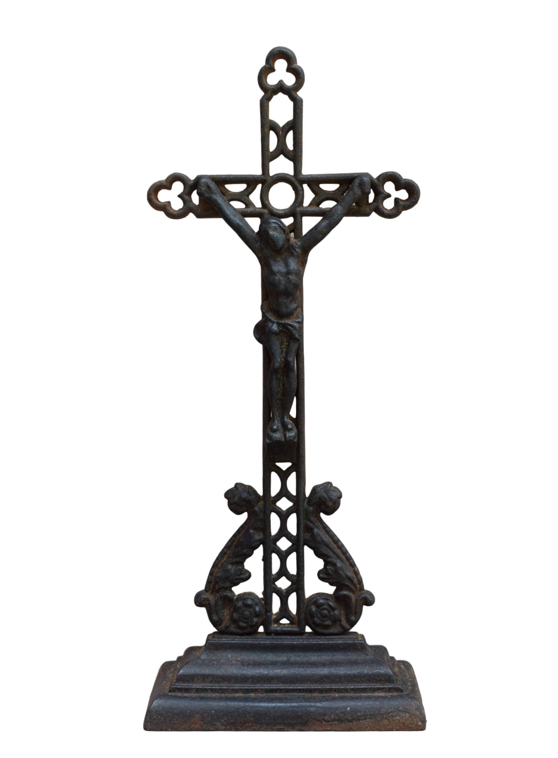 Français 19. C Crucifix Stand en Fonte - Antique Openwork Altar Cross Croix Catholique Religieuse