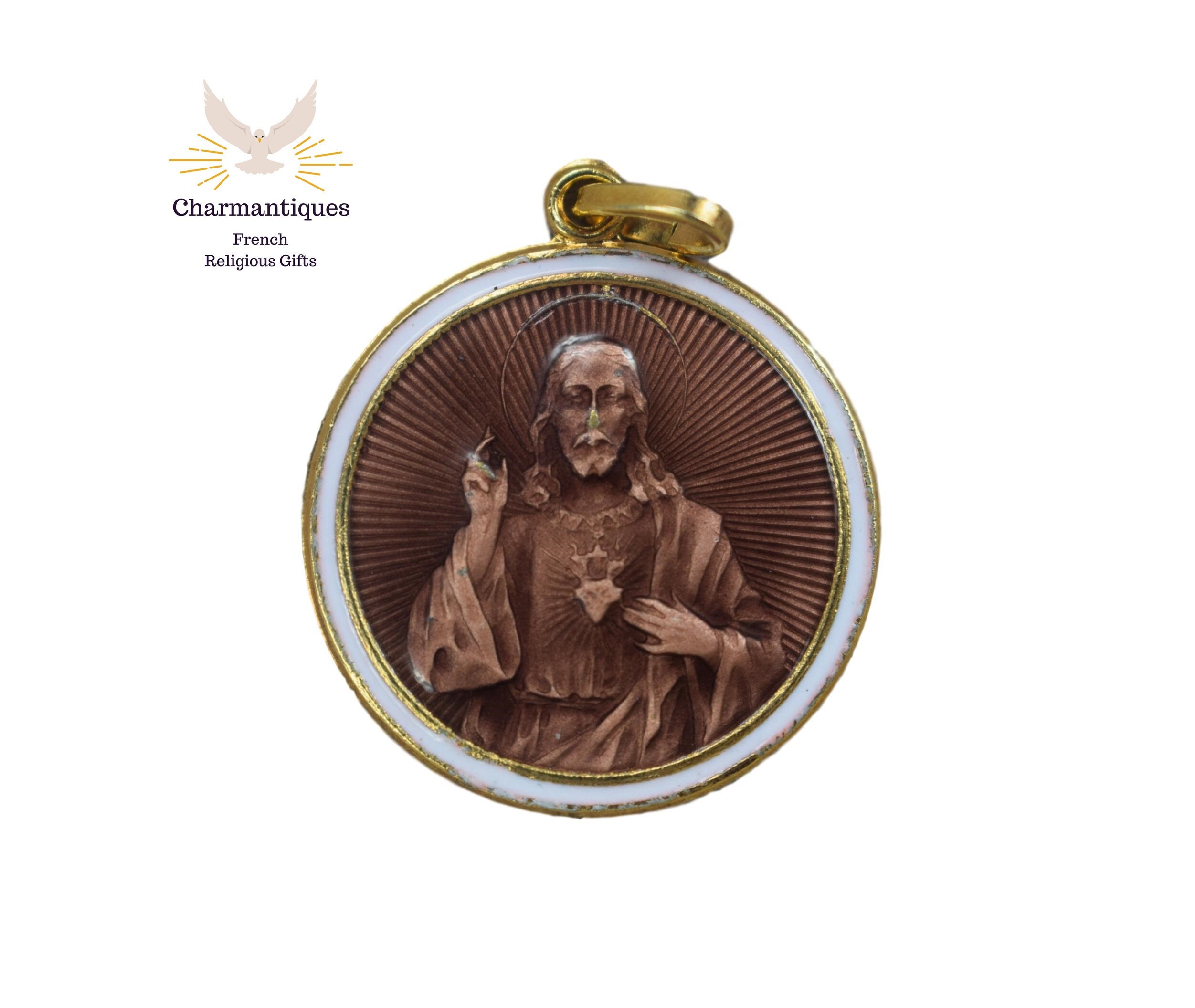Sacred Heart Of Jesus Cloisonne Émail Medal, Français Vintage Portrait Pendant, Catholic Charm, Comm