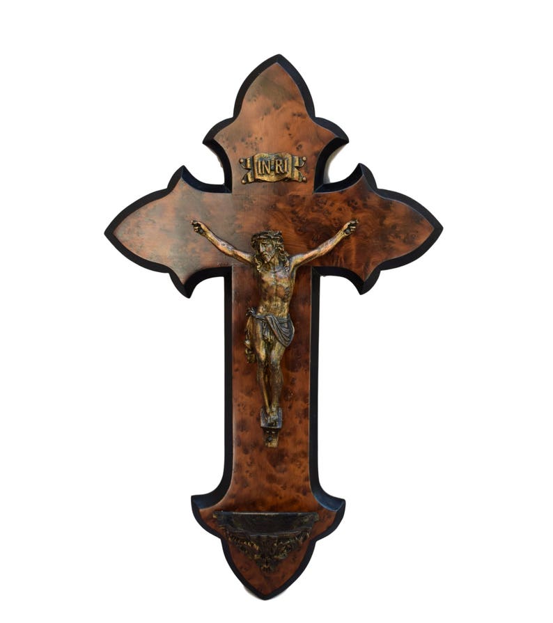 French Antique Veneer Wood Wall Cross Napoleon Iii Christ Crucifix Shrine Altar Holy Water Font Burl