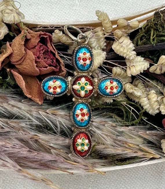 Bressan Enamel Cross Pendant, Vintage Red and Blu… - image 1
