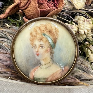 Antique Painted Miniature Portrait Brooch, 1900s Woman Portrait handmade Jewelry
