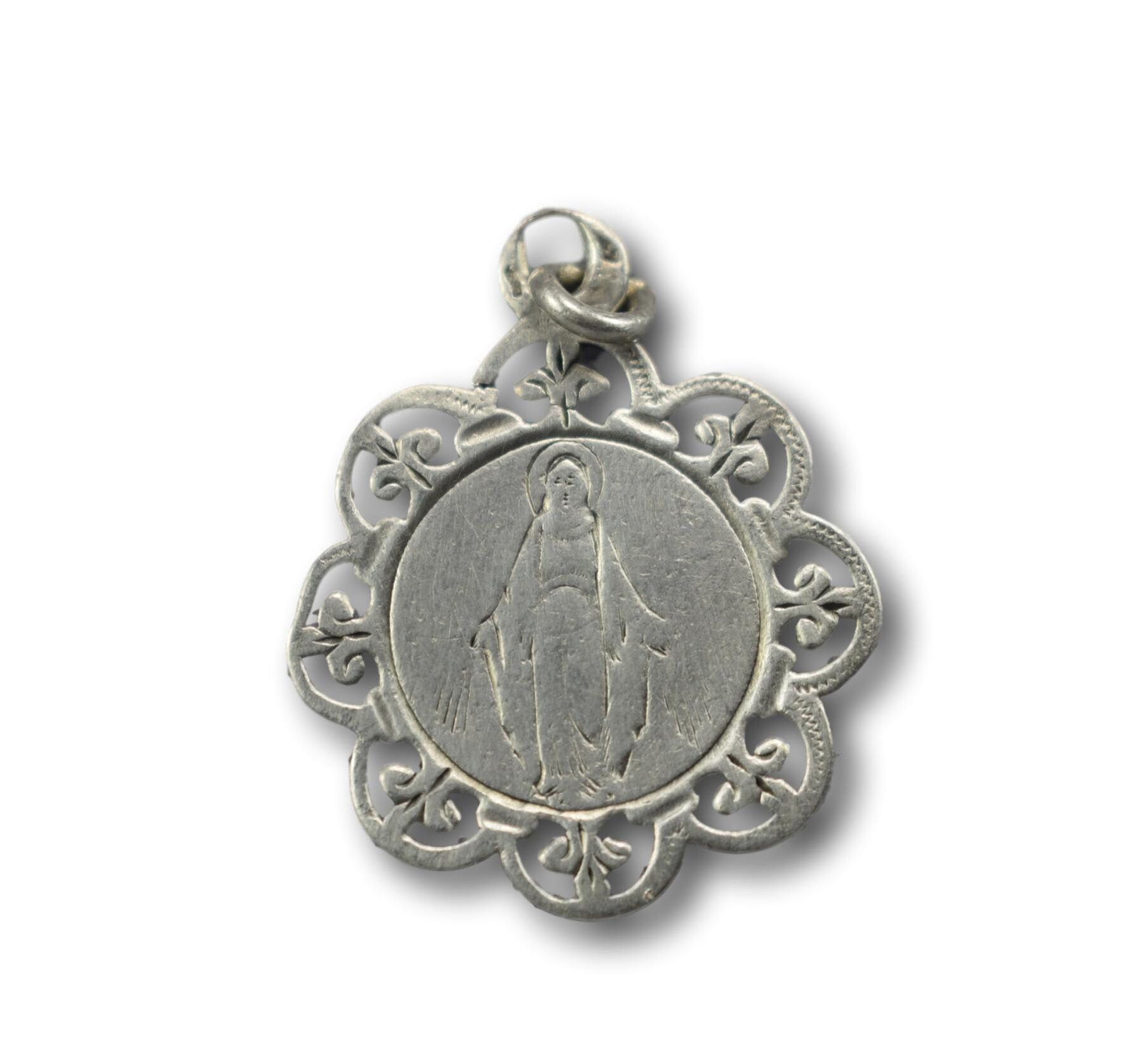 sterling Silver Miraculous Medal Pendant avec Fleur de Lis Openwork