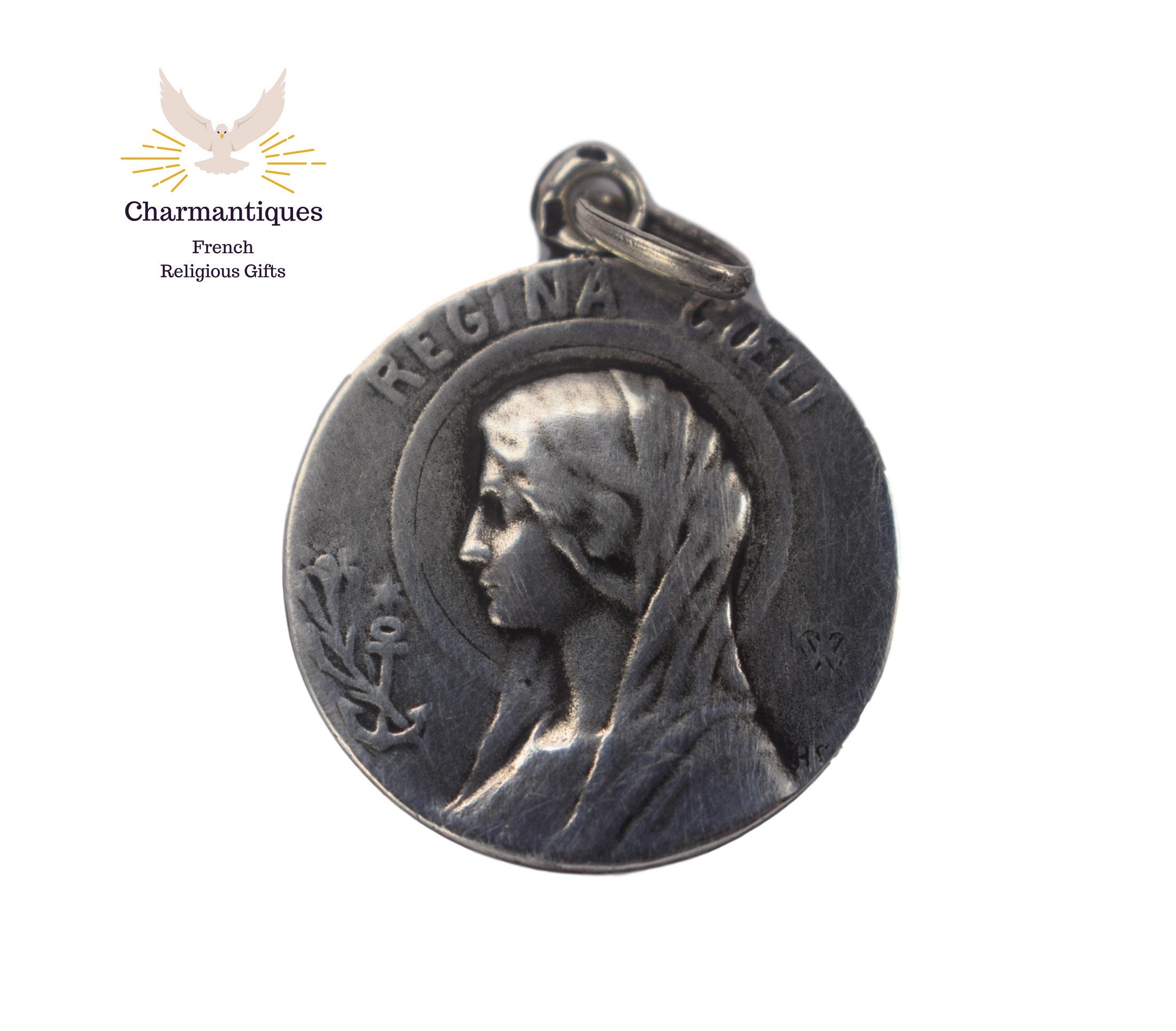 Français Médaille d'argent Art Nouveau Sterling, Regina Cœli Holy Charm, Médaille Du Portrait de Not