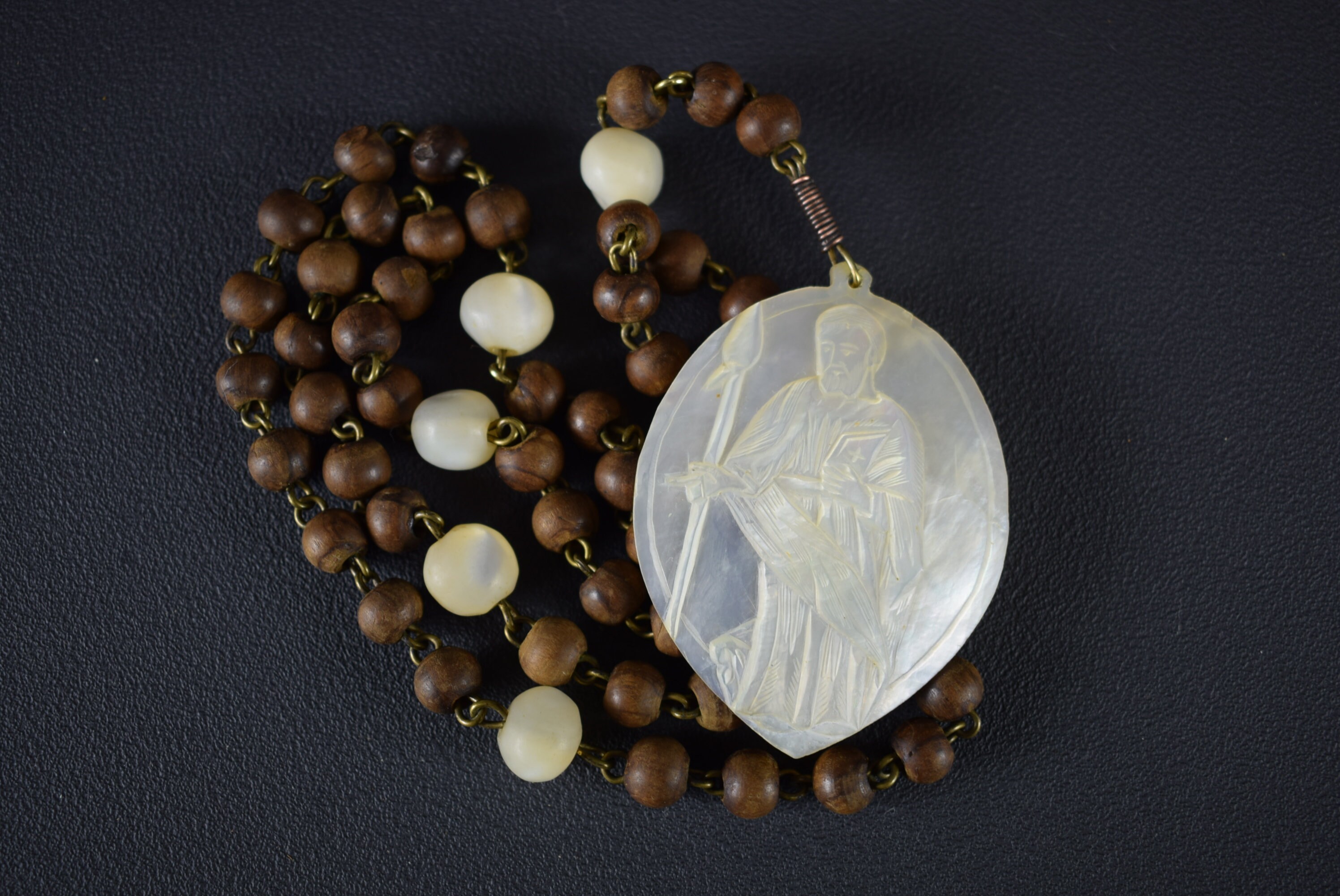 Antique Carved Mother Of Pearl Jerusalem Rosary Medal Saint Thomas The Apostle