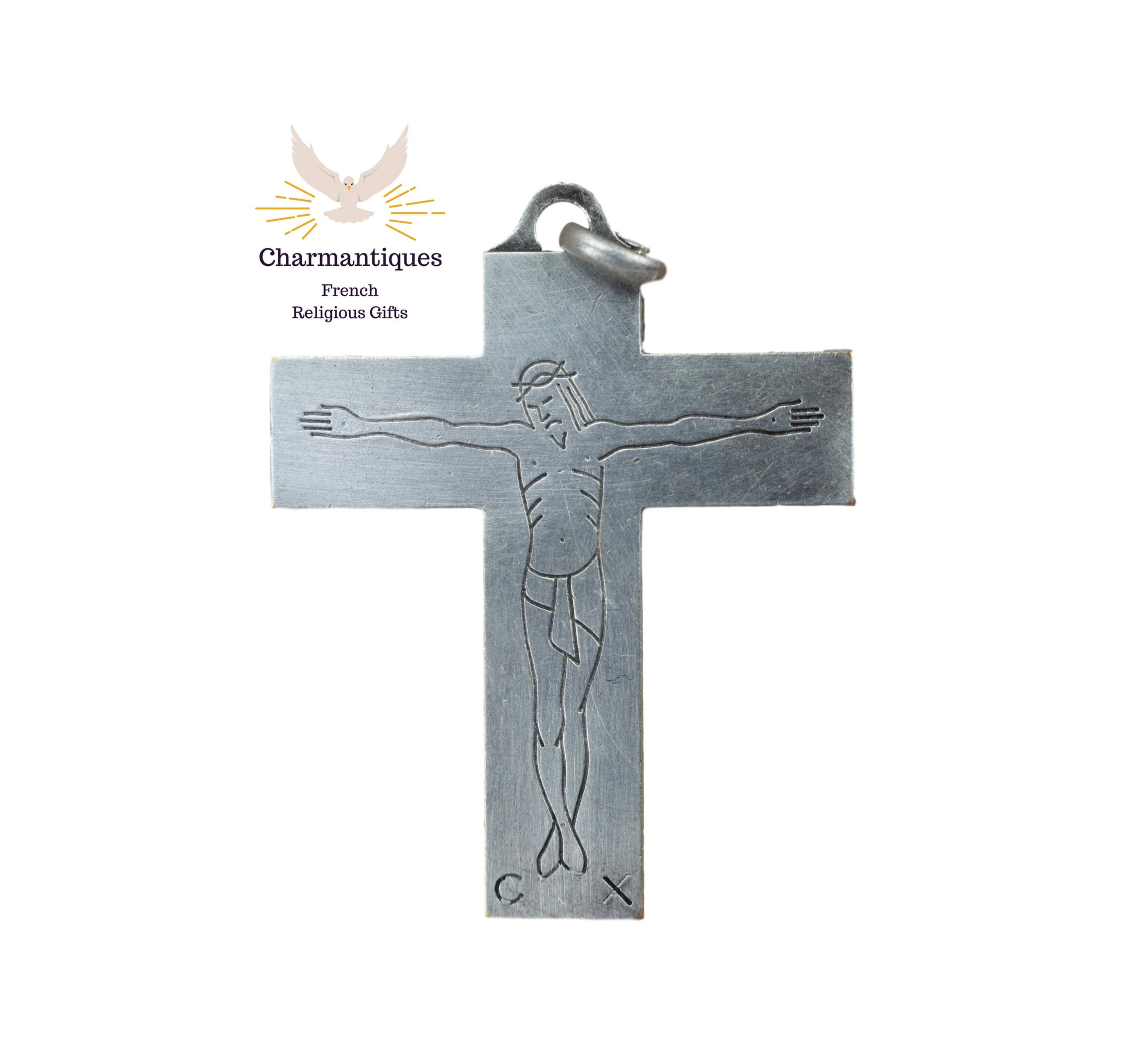 Français Vintage Design Moderniste Gravé Crucifix Croix Collier Médaille Pendentif avec Chaîne en Ar