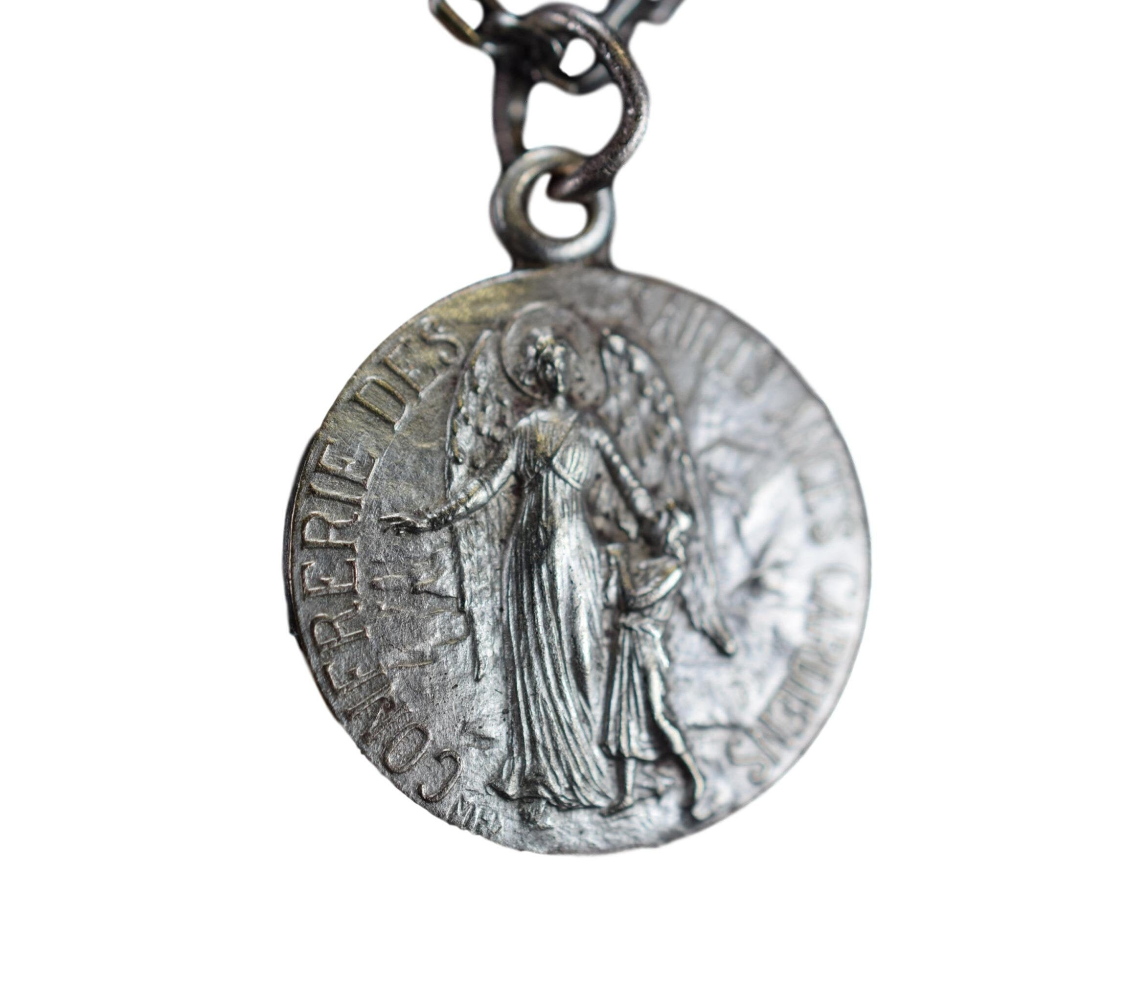 Antique Français Medal Holy Guardian Angels Pendentif Mary