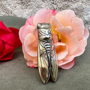 Beautiful c1920s Silver and Bakelite Cicada Brooch, Art Deco Cicada Bug Jewelry Pendant, Insect Lover Gift for Her or Him