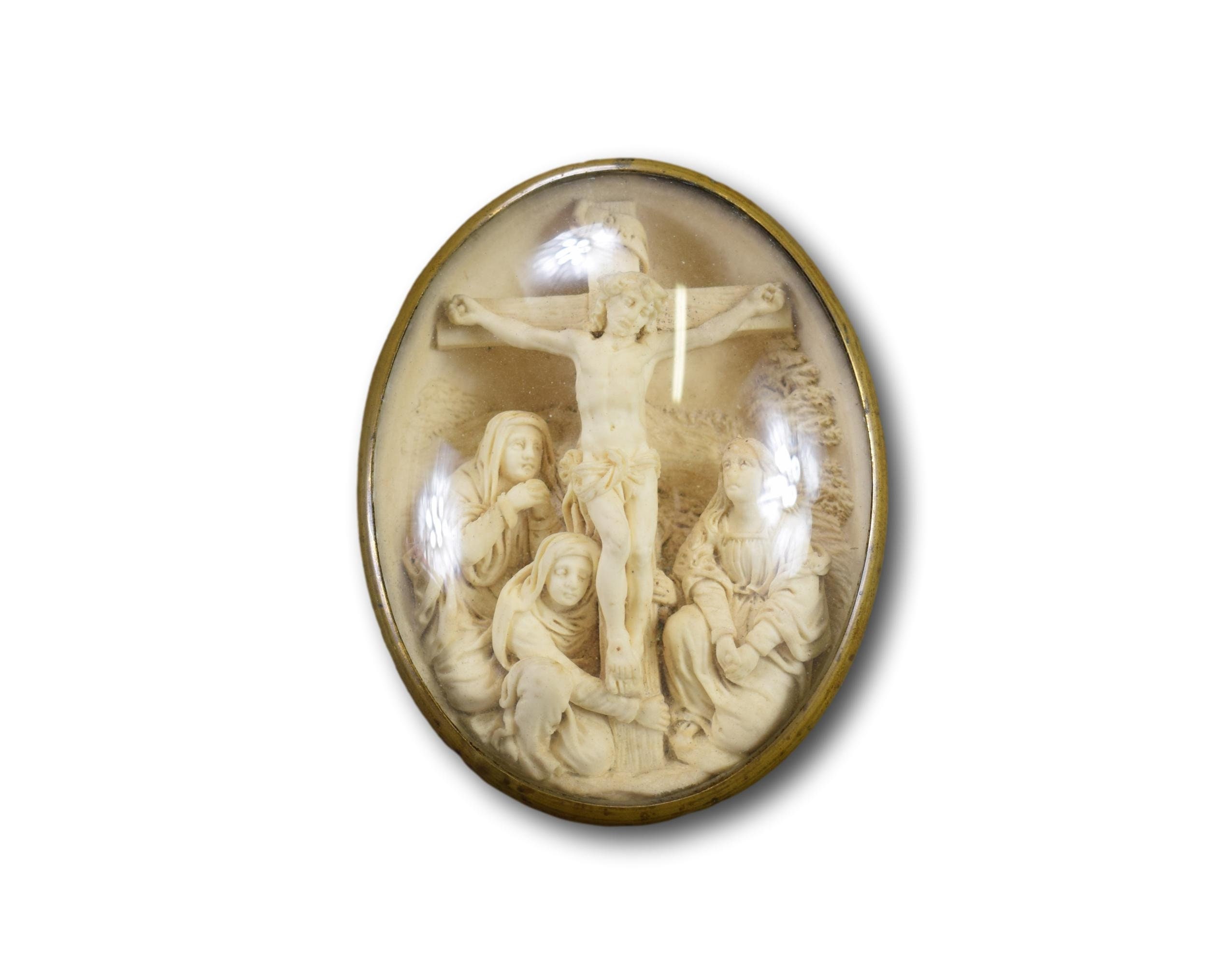 Médaillon Reliquaire Sculpté Jésus-Christ sur La Croix Crucifixion Marie-Madeleine