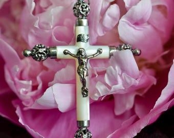 Vintage Mother of Pearl & Silver Cross Pendant, Pectoral Crucifix Charm, Victorian Jewelry