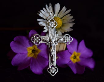 Silver Cross Pendant, Crucifix Medal Necklace, Vintage Openwork Jewelry, Heirloom Pendant, Communion Gifts