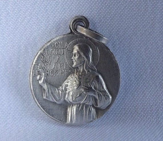 Madonna & Child Medal - Jesus Sacred Heart Français Vintage Religious Scapular Pendant Charm Par Pen