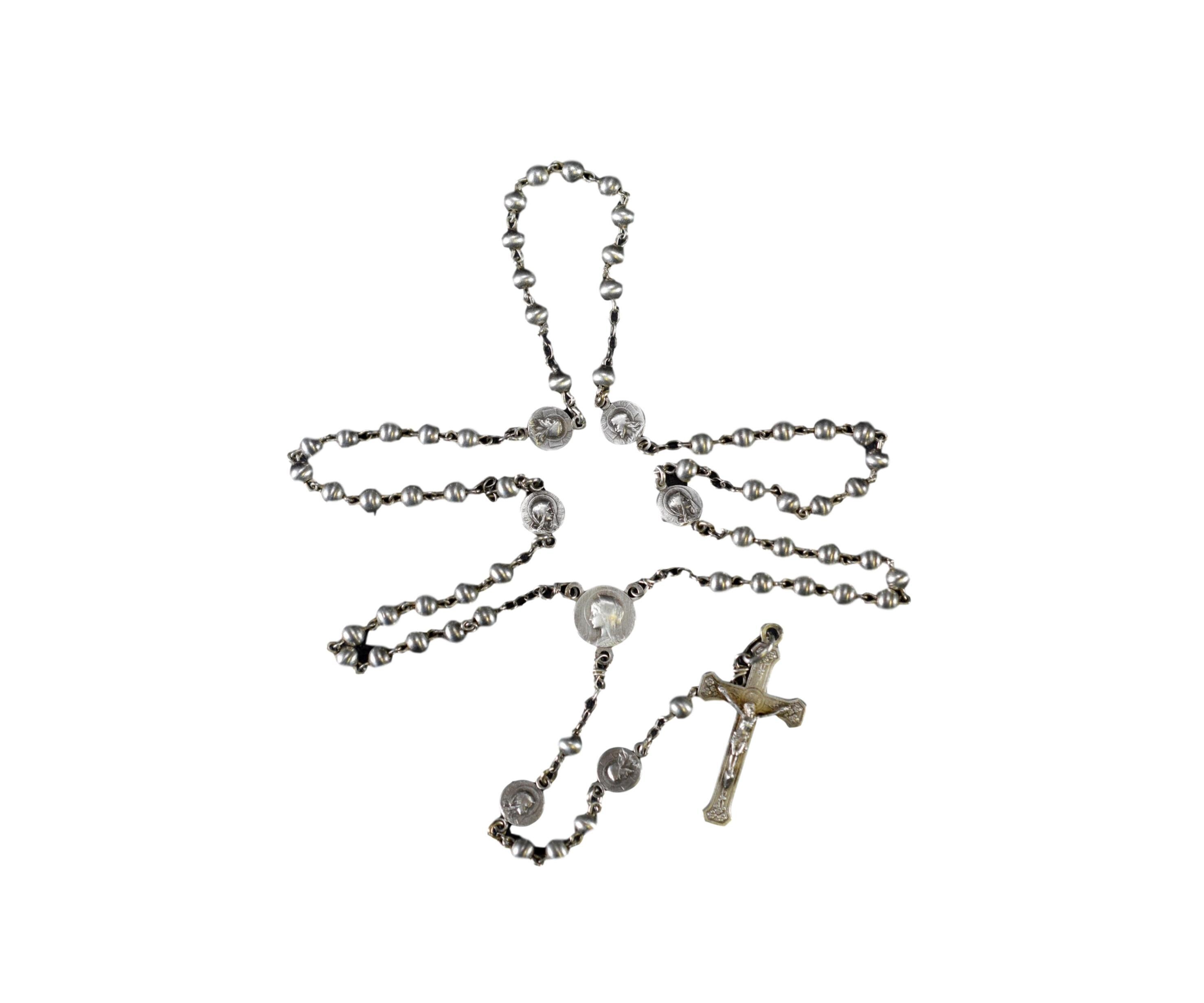 Antique Français Sterling Perles d'argent Rosaire Jesus Mary Médailles