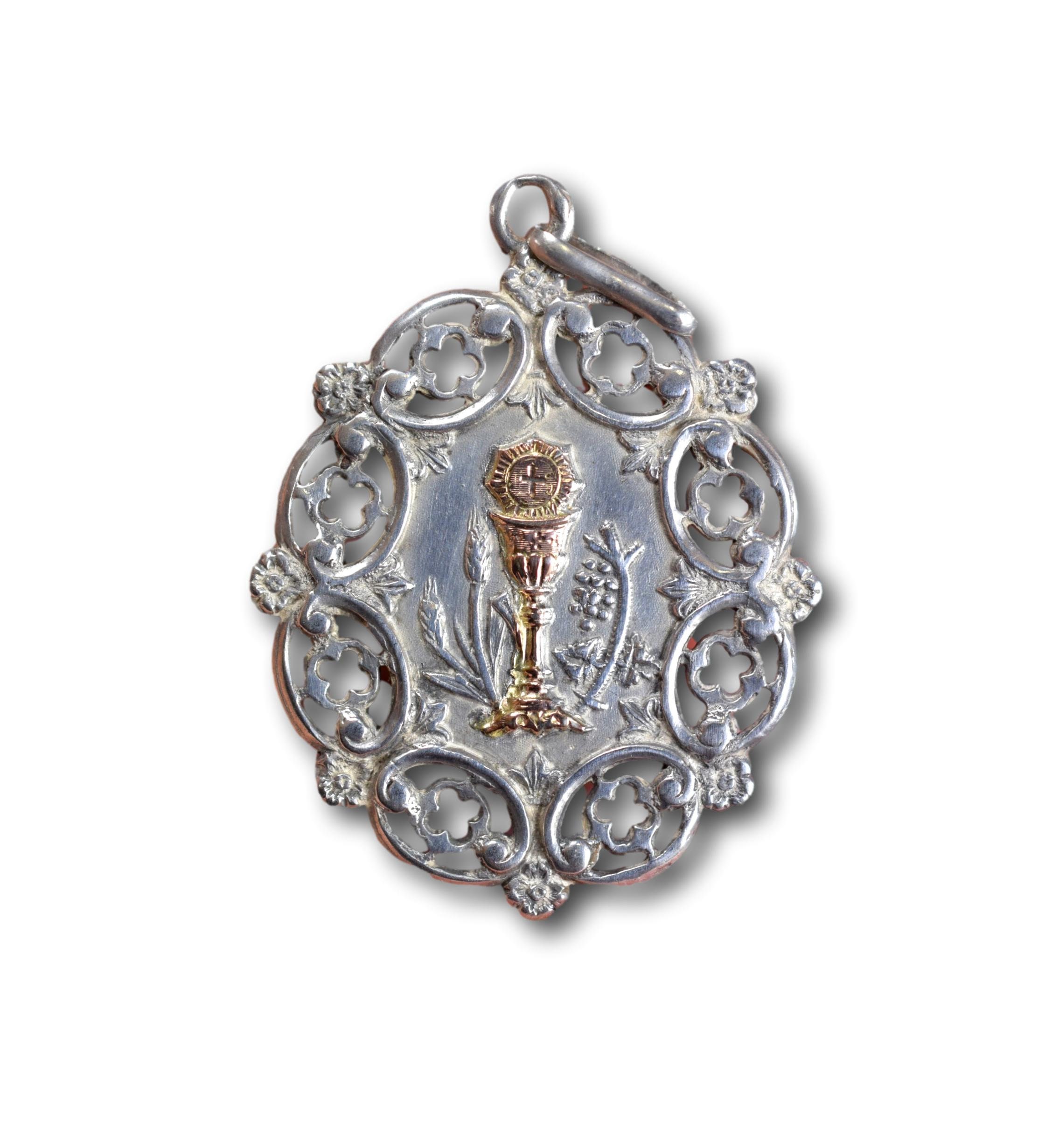 Grand Pendentif de Médaille Calice en Or Argent Sterling