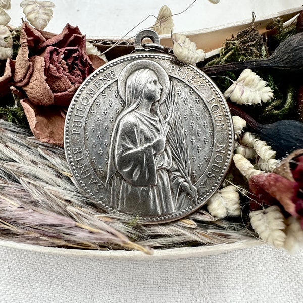 Saint Philomena Silver Pendant by L.Penin, Cure D'Ars Medal, Patron saint of Boatmen Medallion