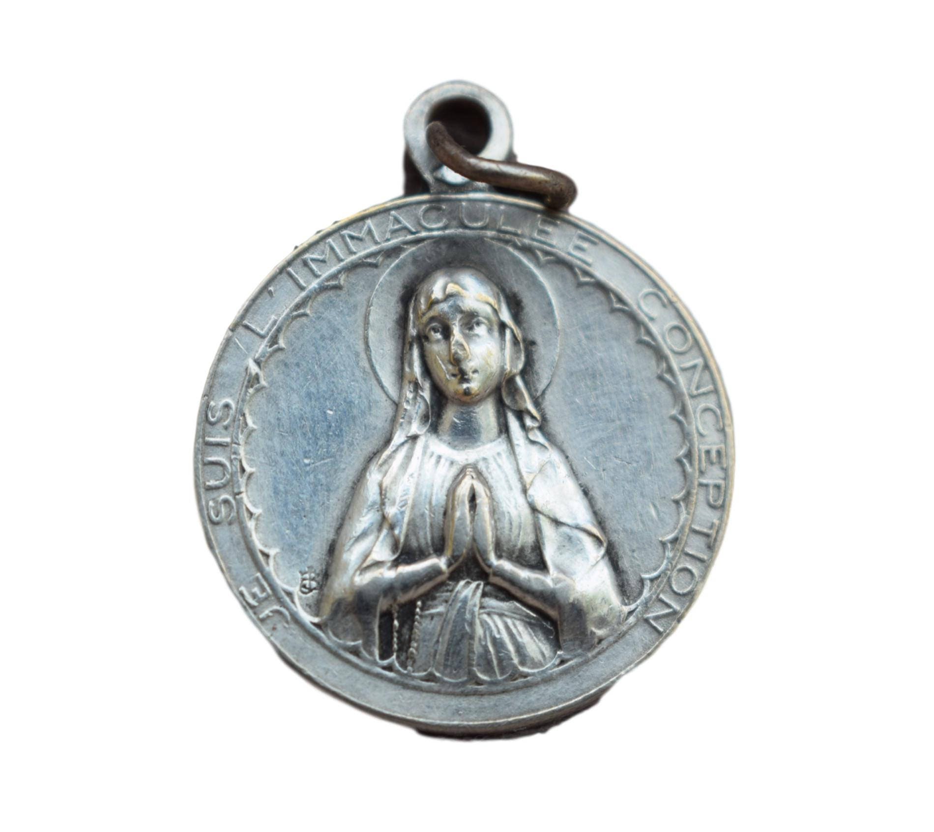 Français Religieux Vintage Argent Lourdes Médaille Pendentif Charme - Sainte Marie Notre-Dame de Bij