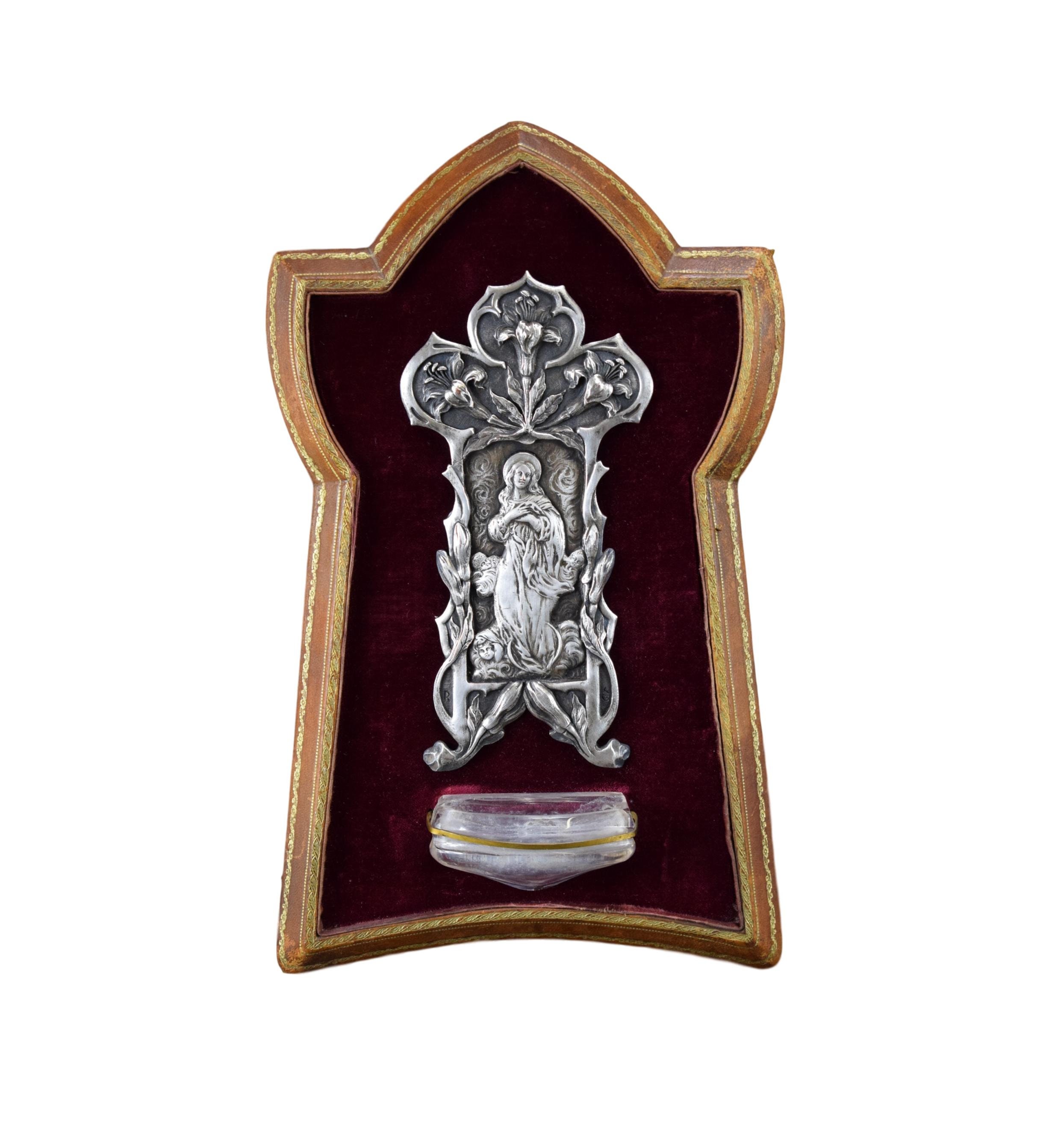 Art Nouveau Français Wall Holy Water Font Notre Dame Vierge Marie Assomption Anges Après Esteban Mur