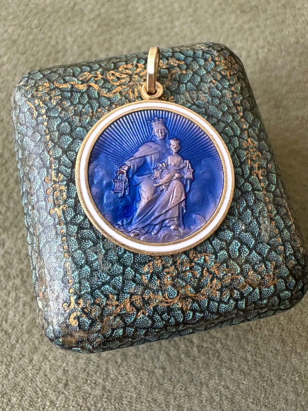 Our Lady of Mount Carmel Medallion, Gold Blue Enamels Pendant ...