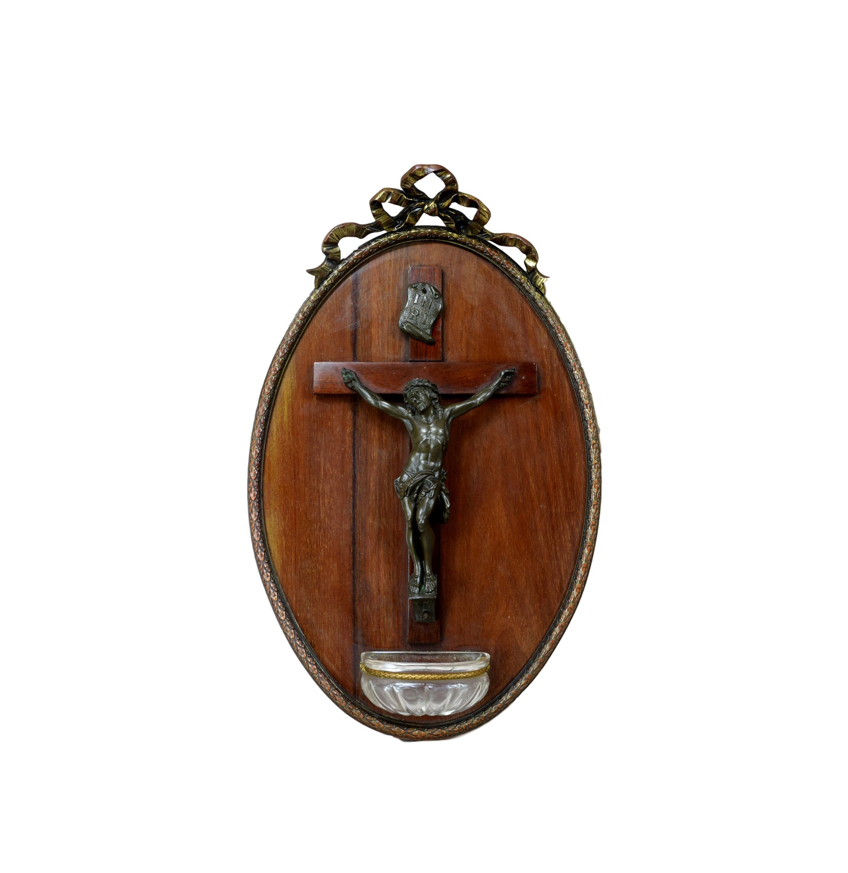 Bénitier de Louis Xvi, Bronze Religieux Français et Bénitier Bois, Crucifix Mural Ancien