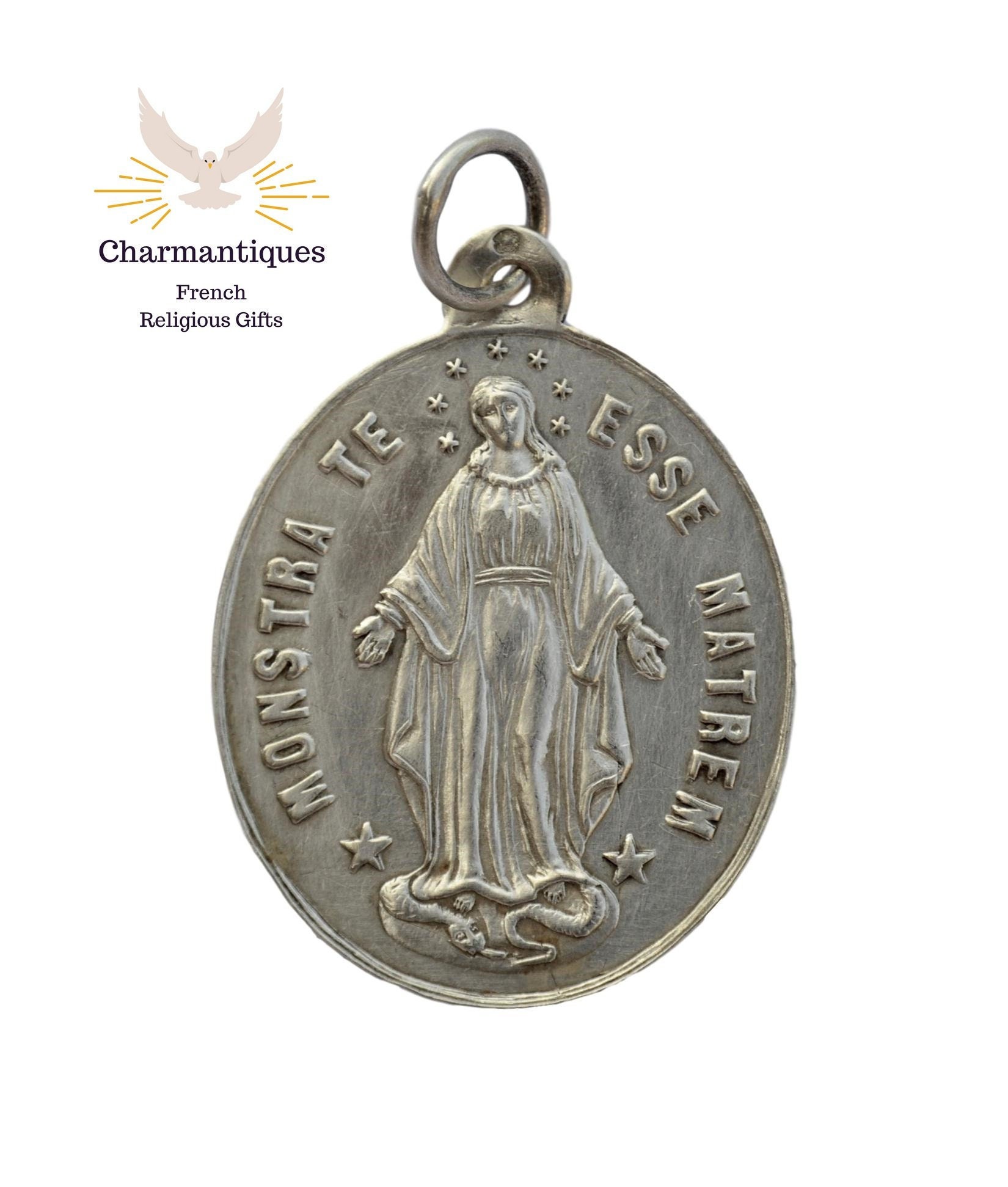 sterling Silver Miraculous Medal 1830, Français Large Mary Pendant, Marian Art Charm, Congregation O
