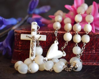Mother of Pearl Beads Rosary, Antique French Catholic Angel Chaplet, Religious Gift