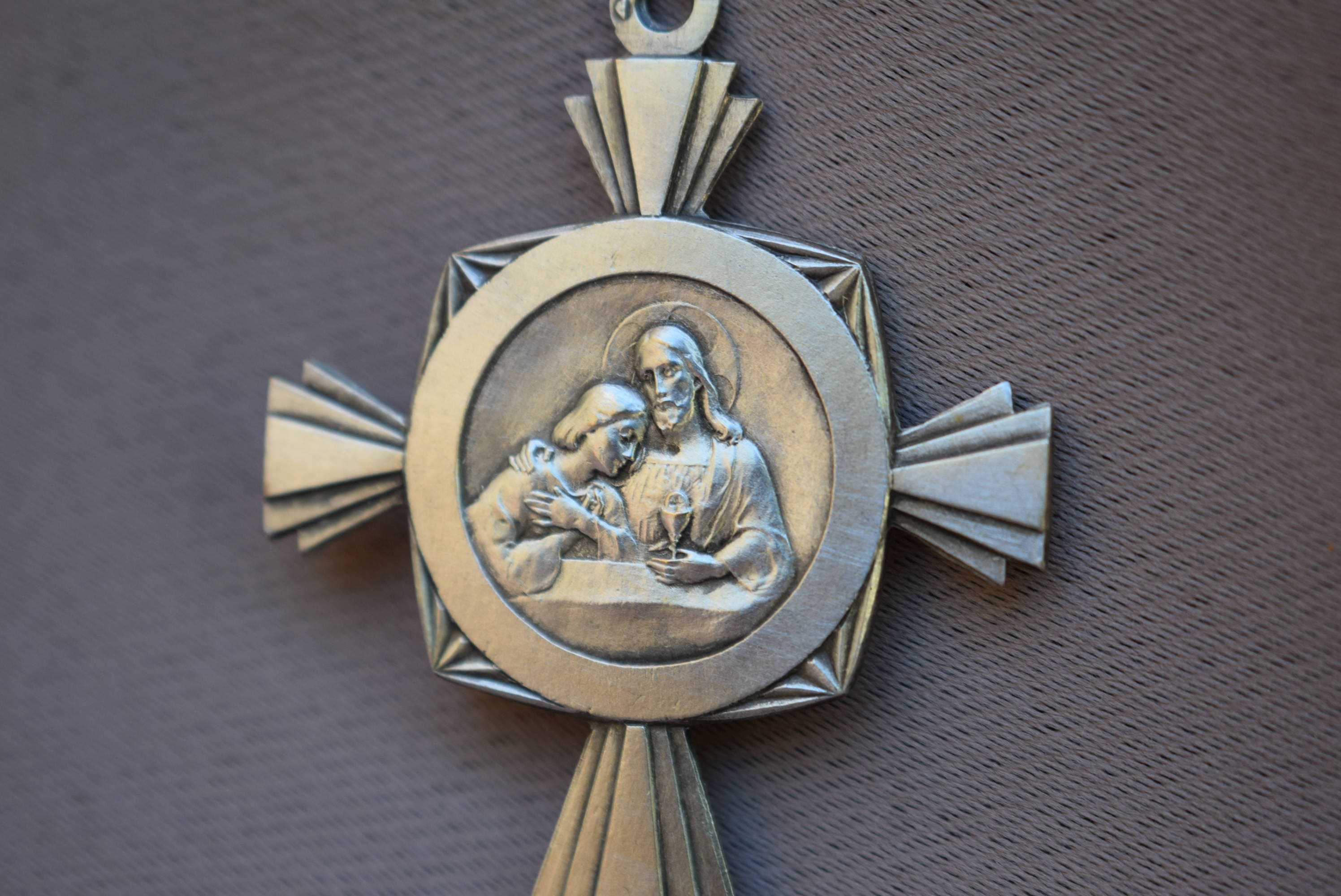 Français Antique Large Communion Medal - Religious Art Déco Silver Eucharistic Pendant Eucharistie C