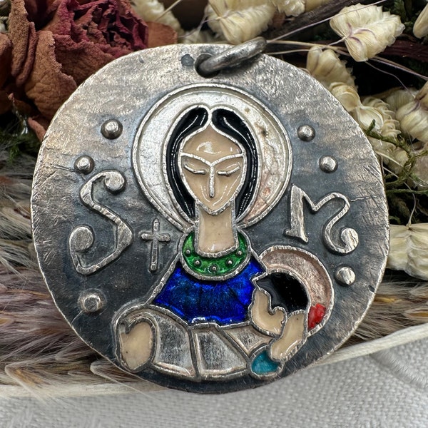 Mother Mary Beautiful Silver Cloisonne Enamel Pendant, Mary and Baby Jesus Medal by Elie Pellegrin, Baptism Gift, Gift for Her, Motherhood