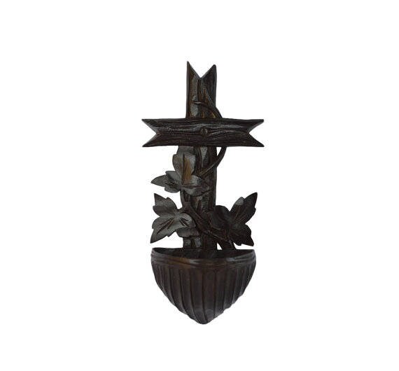 Français Black Forest Victorien Religieux Bénitier - Français à La Main Sculptée Bois Mur de Jésus C