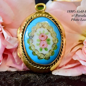 Rare Antique Photo Locket, 18K Gold Plated and Blue Porcelain Medallion, Pink Roses Pendant, Sentimental Memento Jewelry