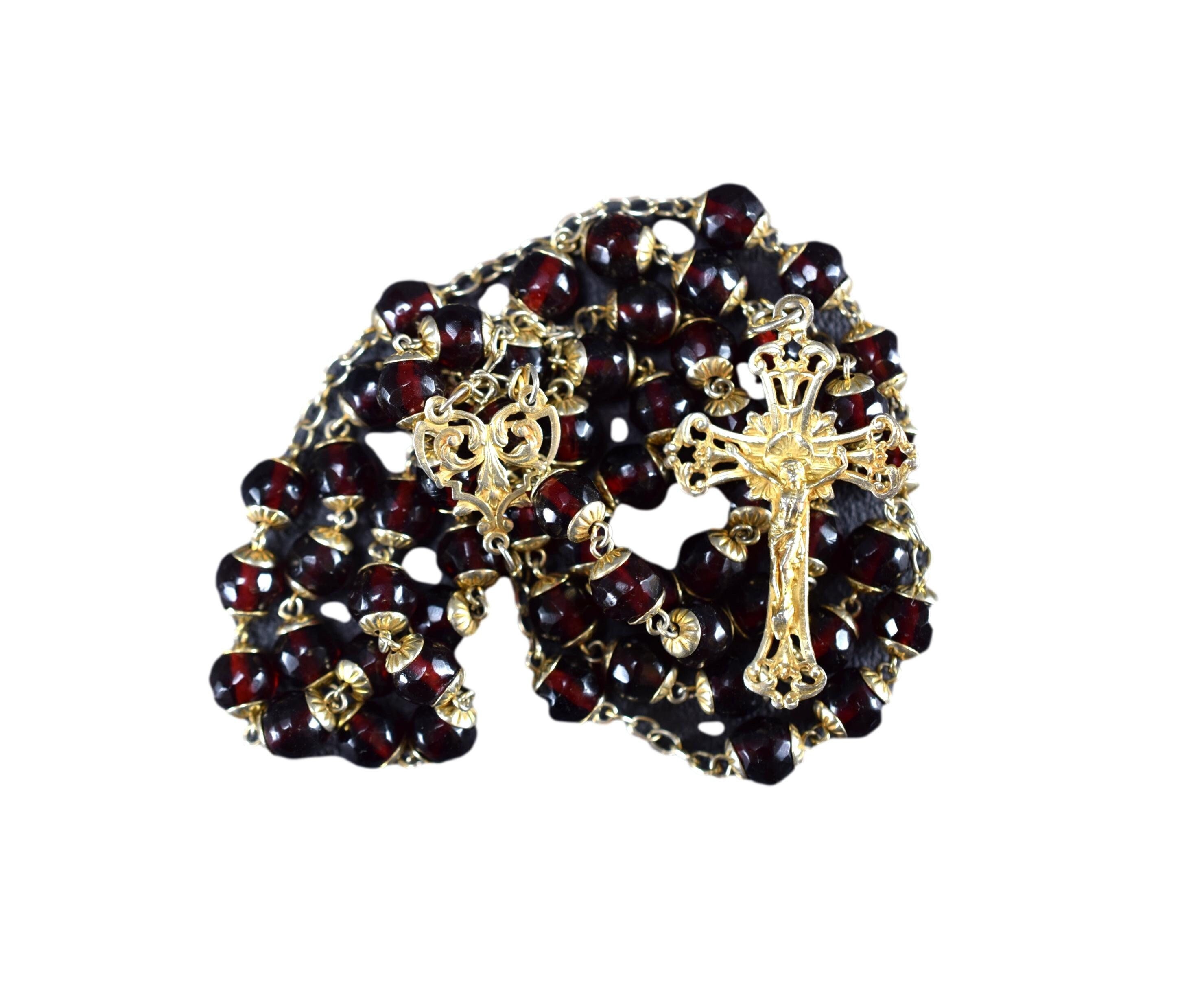 Rosaire d'argent en Cristal Rouge à Facettes Entièrement Coiffé