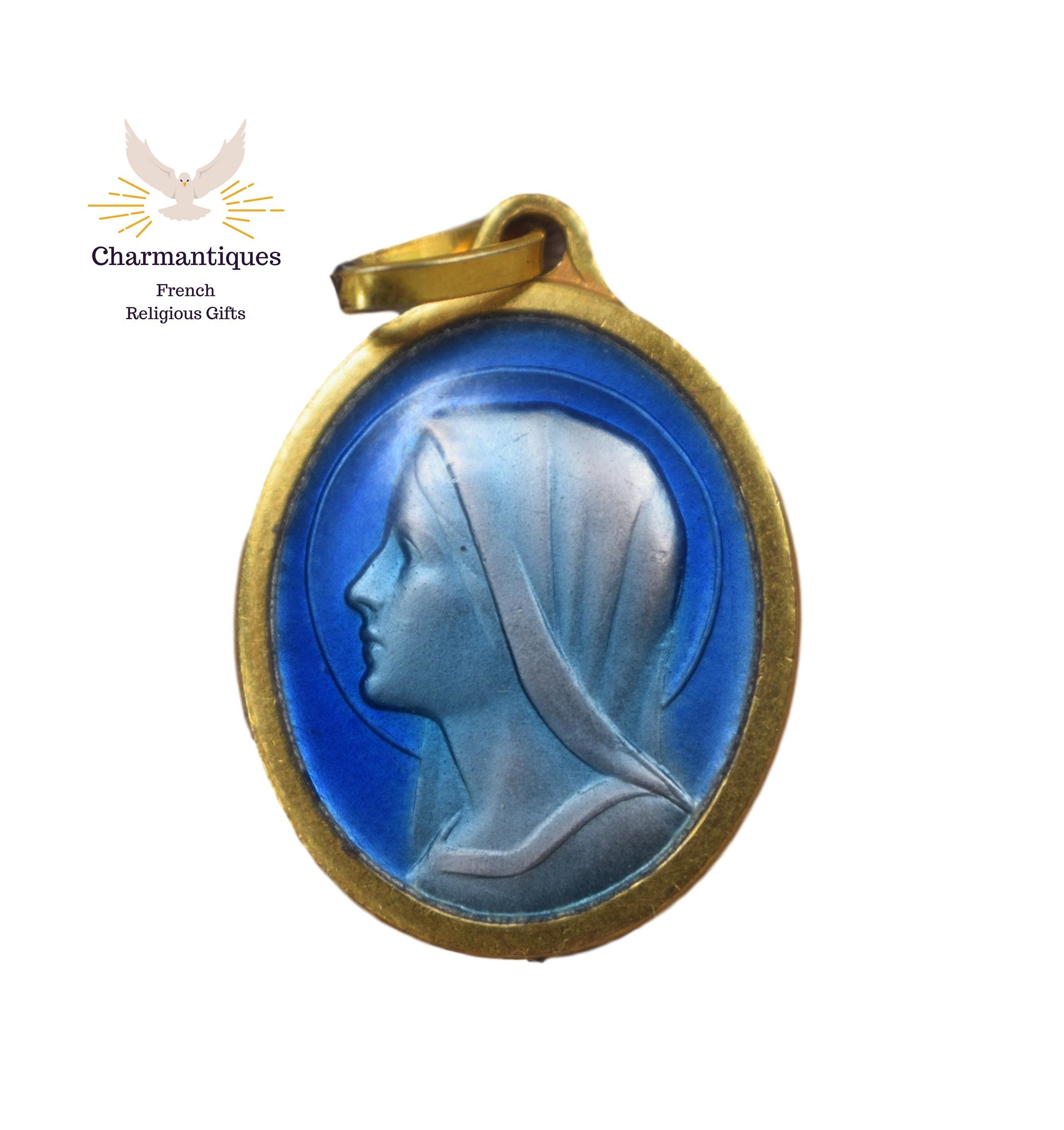 Médaille Du Portrait de Notre-Dame-Vierge Marie, Français Pendentif Catholique en Émail Bleu Cloison