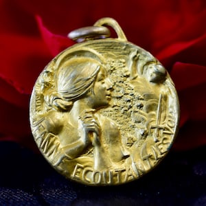 Saint Joan of Arc Listening the Voices Medal by Jacques Edouard Gatteaux, 1800&#39;s Religious Pendant, Communion Gift